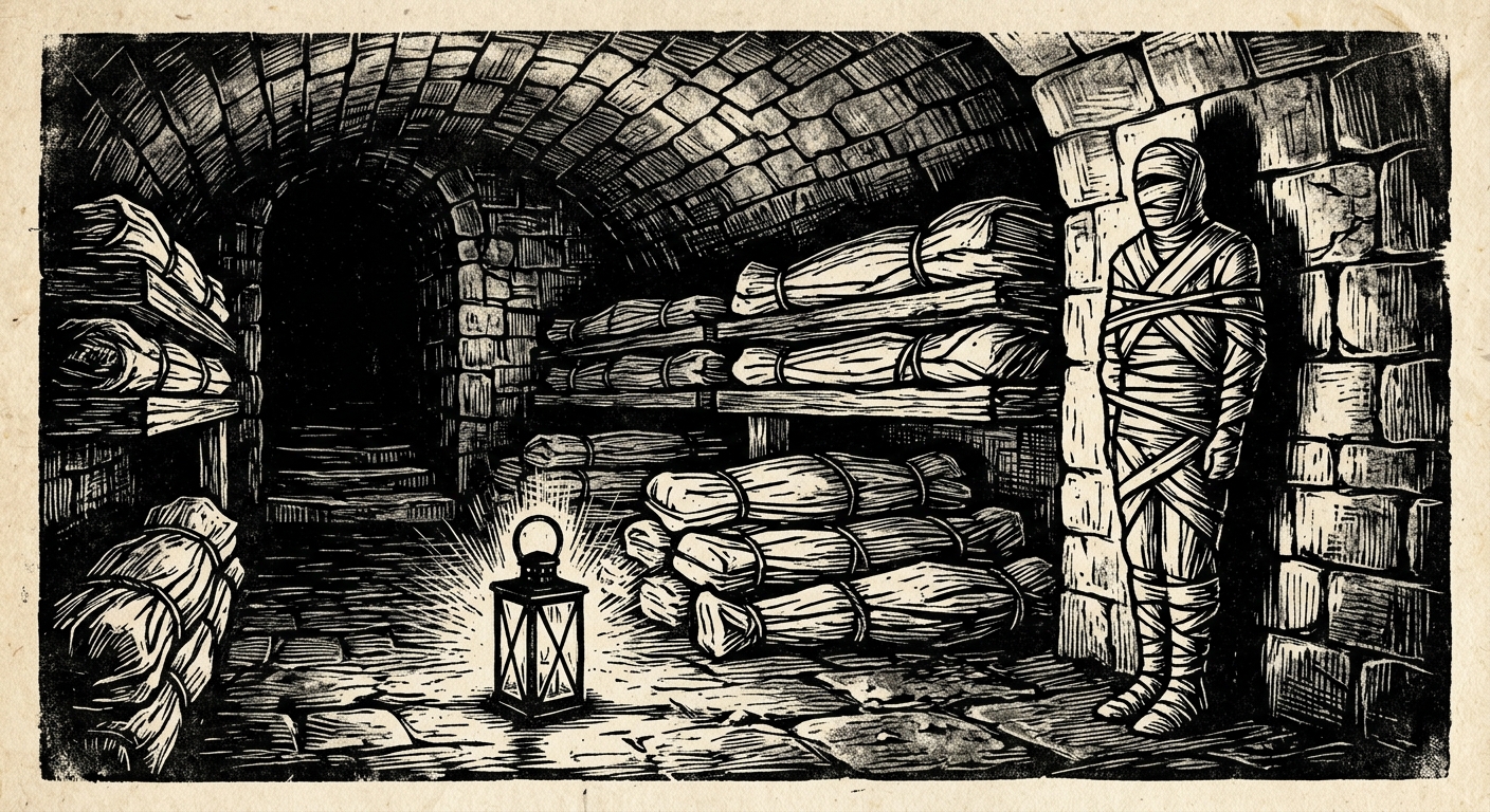 A stone underground vault with wrapped burial shrouds — one figure standing upright against the wall, face turned toward the corner