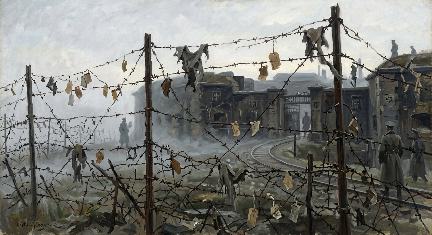Oil painting of Bastion-Przemysl from the Carpathian ridge at dawn — barbed wire strung with ration tags stretches across the slope, provost soldiers silhouetted against grey fog, the fortified station buildings visible through the mist.