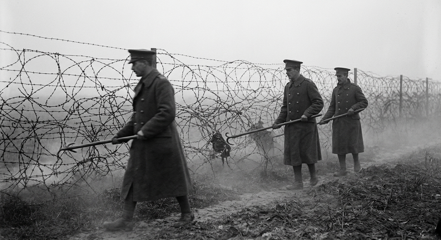 Documentary photograph of provost officers in WWI greatcoats walking the Wire Orchard at dawn, carrying hooked poles along the barbed-wire fence in morning mist.