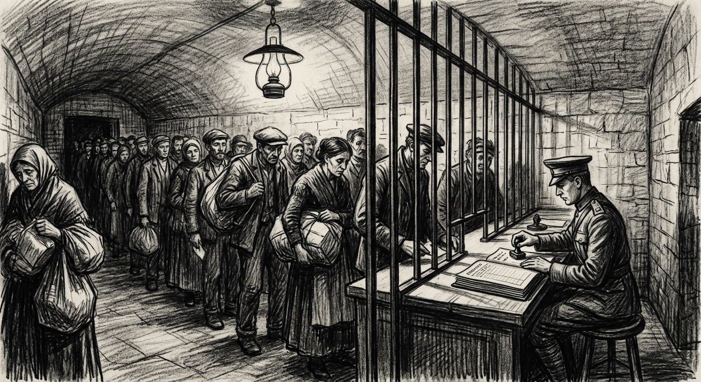 Charcoal drawing of Taghouse Row — exhausted civilians queuing at a stamp window with iron bars, a provost officer pressing wax seals behind the counter, the hall extending back into darkness.
