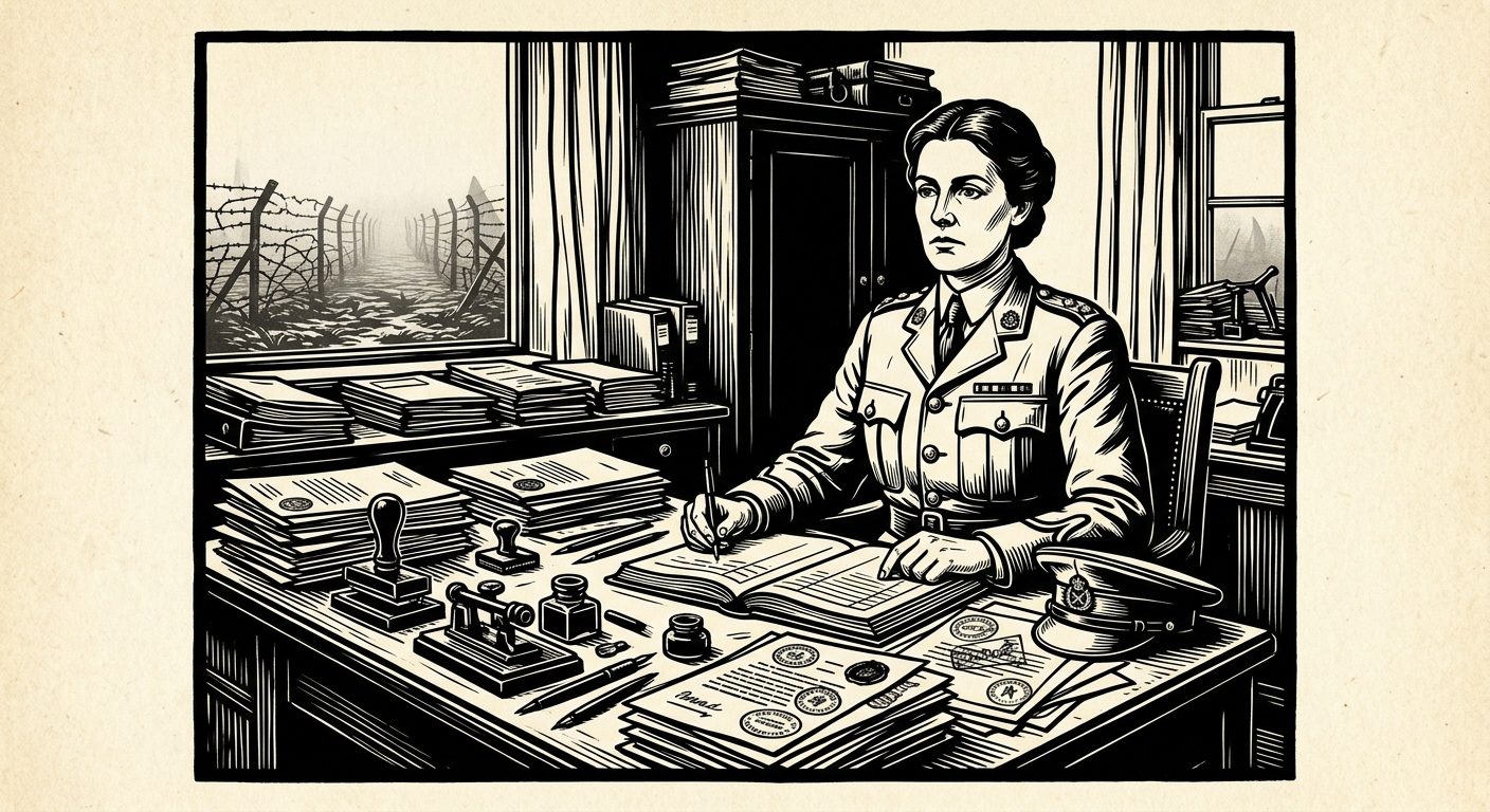 Woodcut portrait of Provost-Marshal Vanna Rook at her desk buried under stamped dossiers and ledgers, the Wire Orchard visible through the window behind her, a stamp press at her right hand.