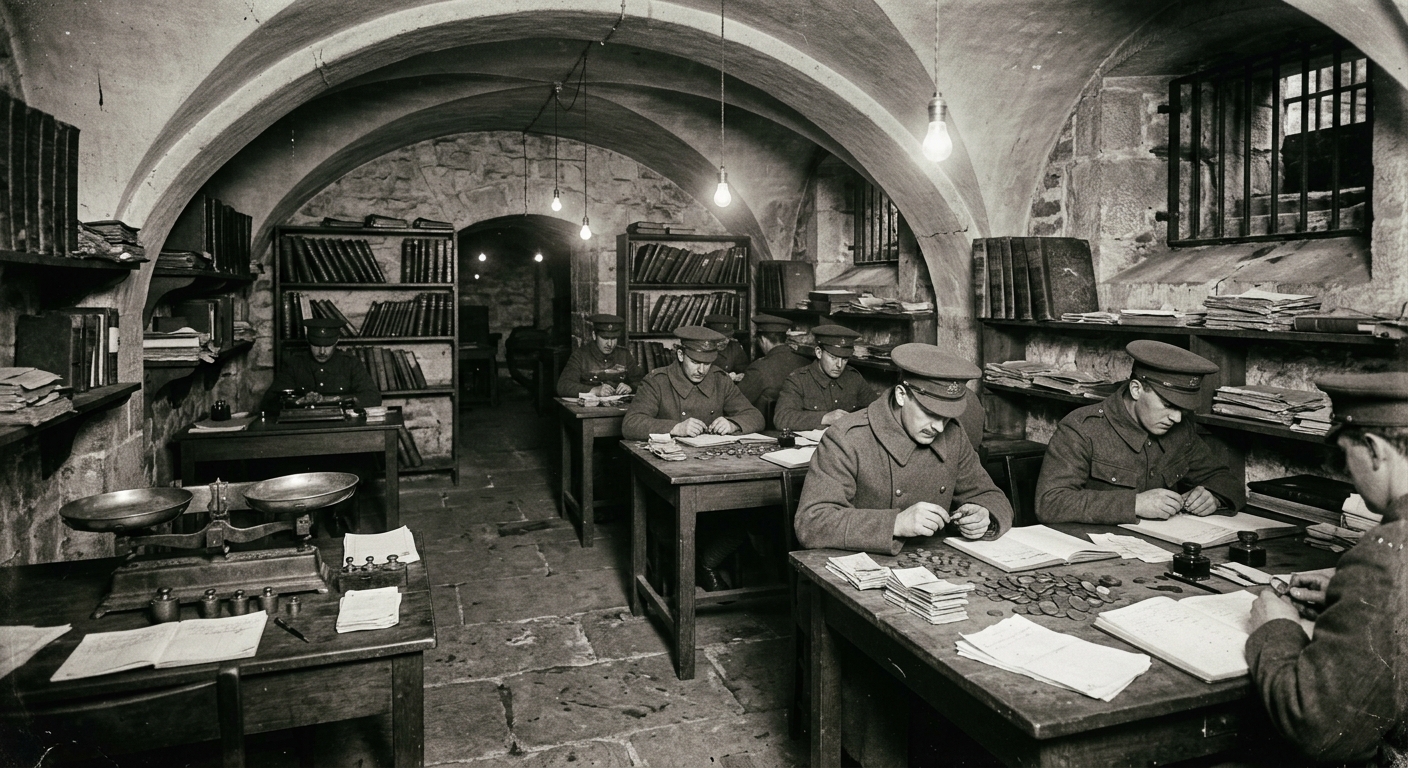 Period photograph of the Assay Chamber interior — clerks in military greatcoats examine coins and scrip at long stone tables under bare electric bulbs, ledger stacks filling the shelves, a brass weighing scale in the foreground.