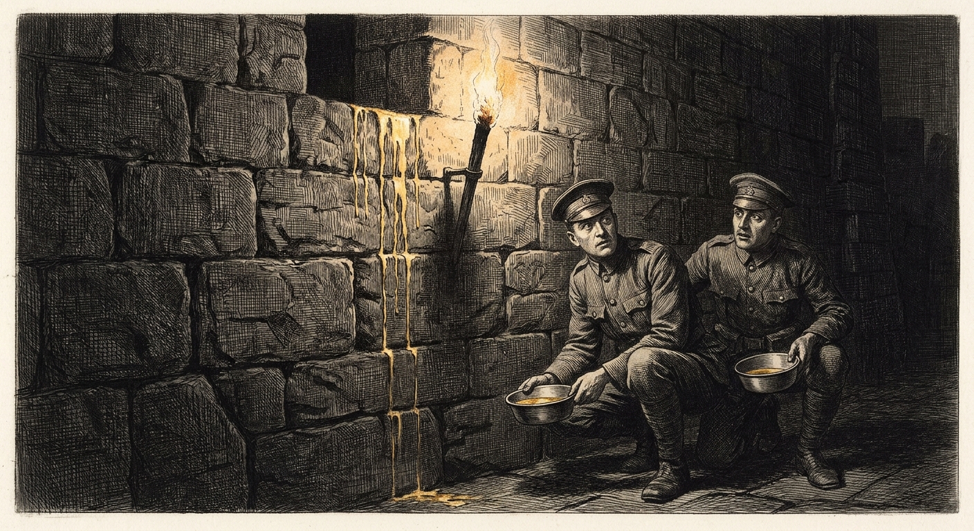 Engraving of a citadel stone wall at night, a thin film of liquid gold running down the blocks in rivulets, two soldiers in military uniforms collecting it in tin bowls with uneasy expressions, one looking over his shoulder.