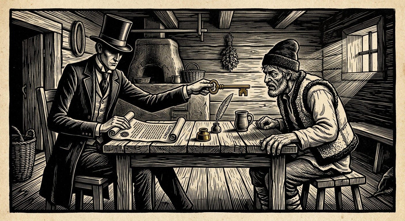 Woodcut of a Ten Thousand Keys Debt-Binder — a too-tall figure in Victorian frock coat and top hat offering a large brass key and open contract to a desperate highland farmer across a rough table, inkwell and quill between them.