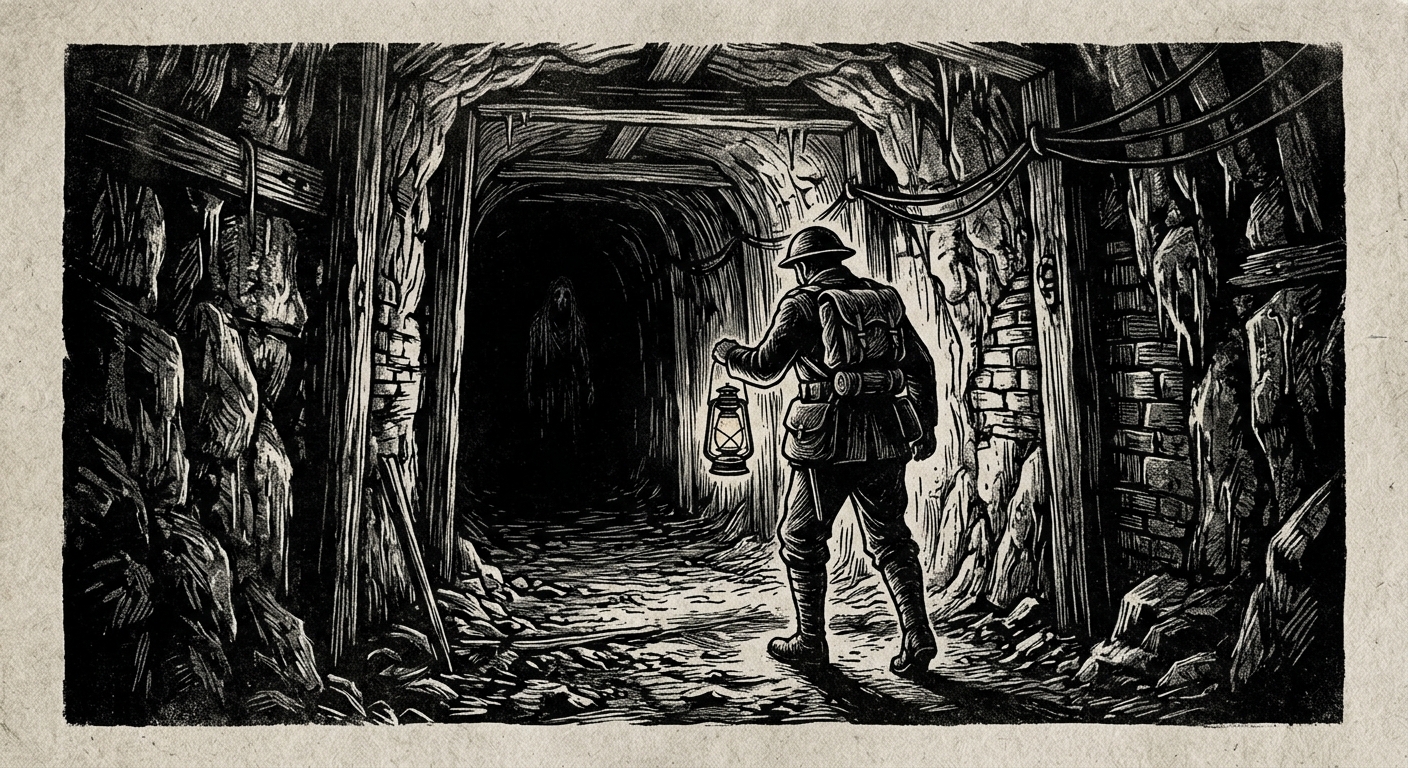 The Dead Gallery — a narrow tunnel extending into darkness, a soldier's lantern barely reaching the bend, a distant figure standing where no one should be