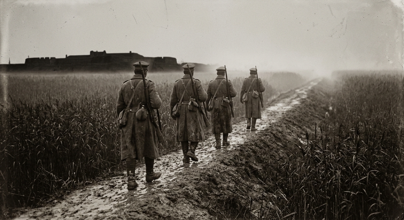 Dawn patrol on the Reed Road embankment, soldiers in greatcoats, reeds and fog