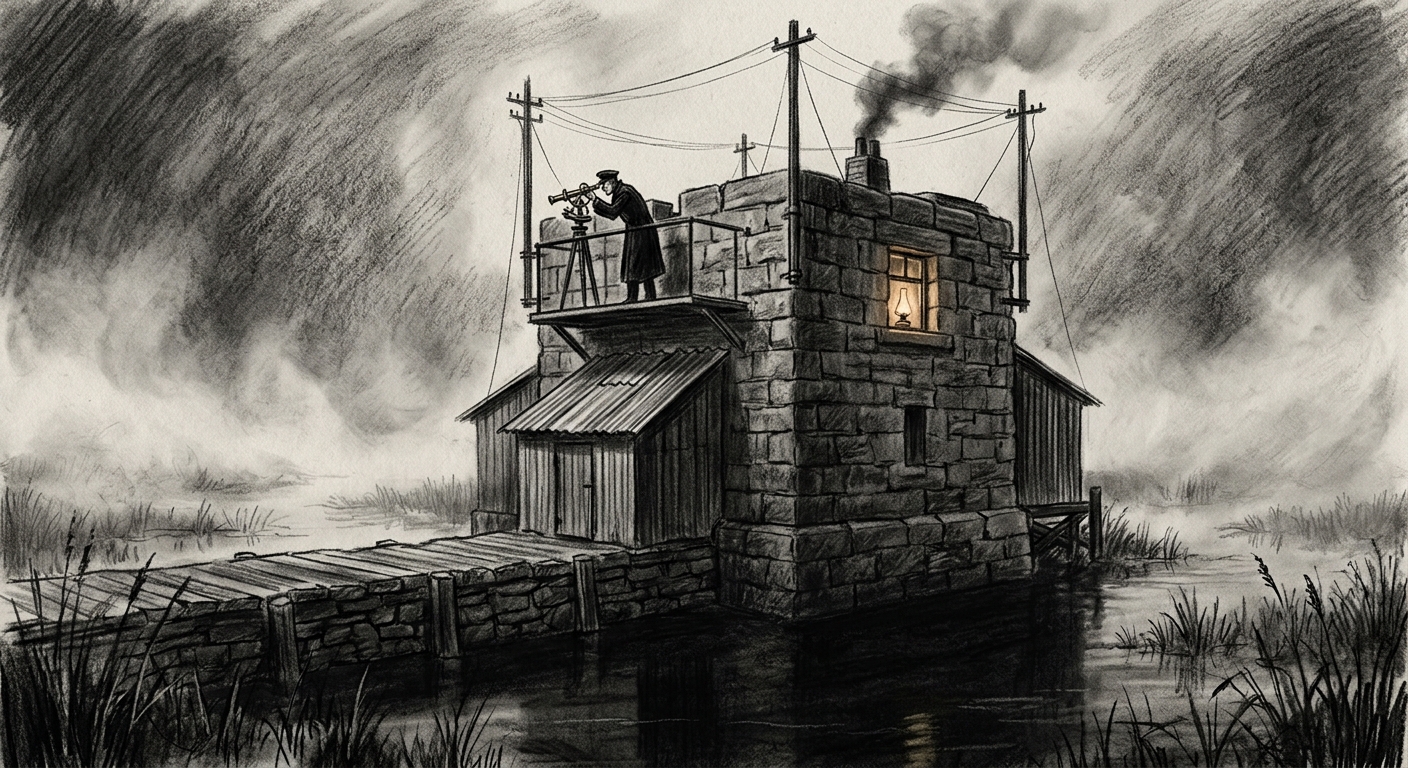 Station Two blockhouse on a marsh causeway, telegraph masts, Adept at drag-gauge instruments