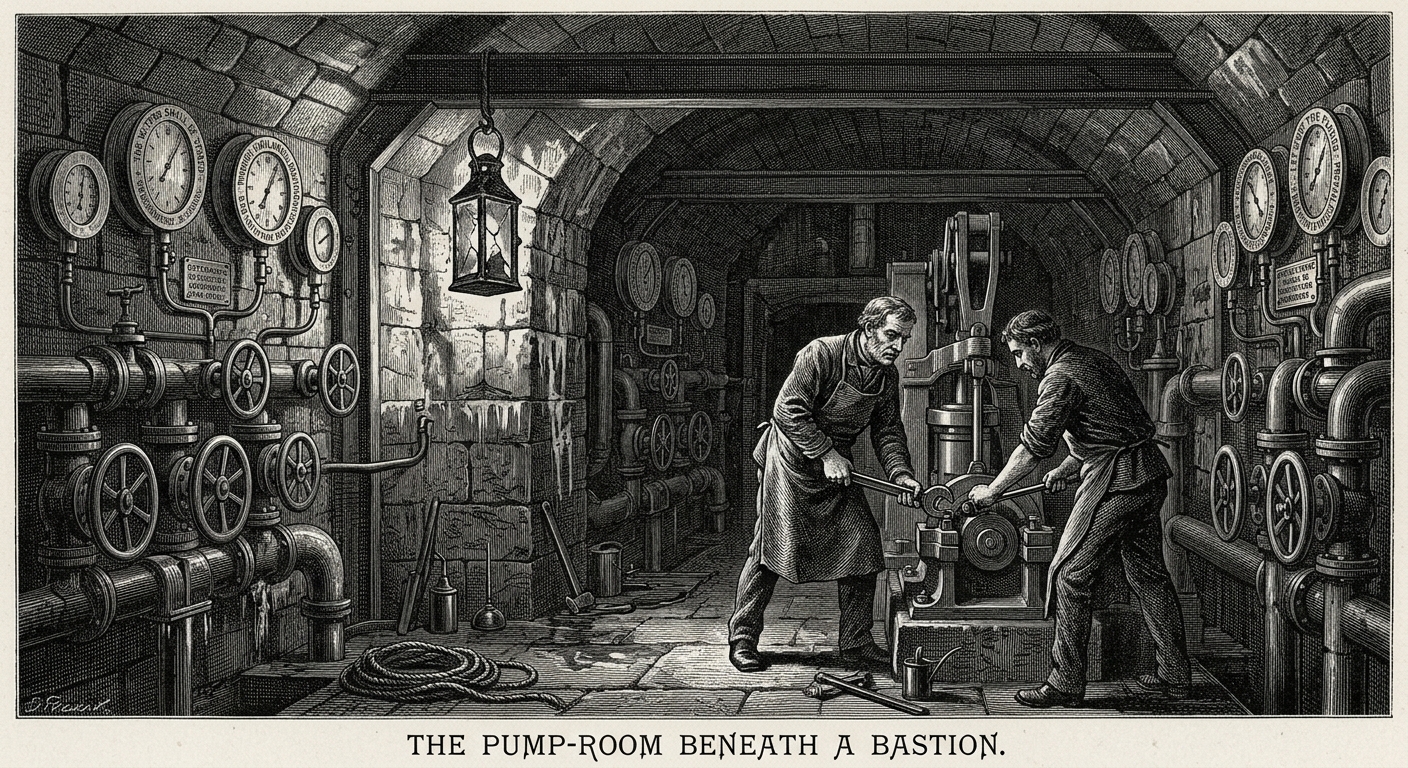 The Pump-Room beneath the bastion — vaulted iron chapel, gauges, engineers at work