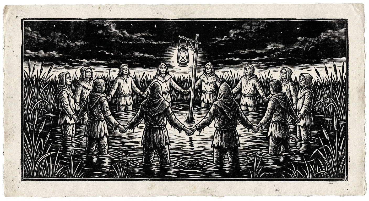 Somnolent Communion circle — villagers standing waist-deep in marsh water, hands linked, eyes open