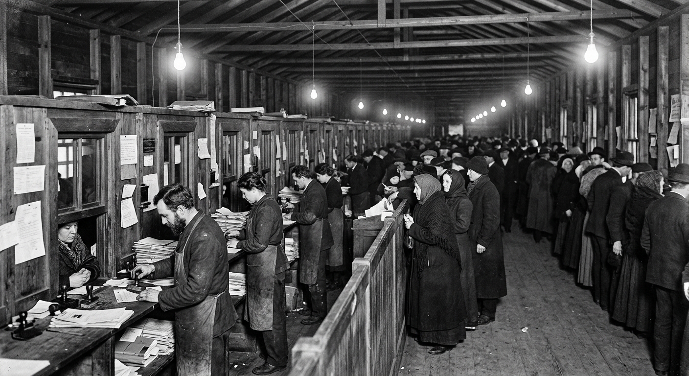 Photograph of the Hall of Seals interior, rows of stamping bays with wax-stained permit clerks and civilians queuing at windows under bare electric bulbs