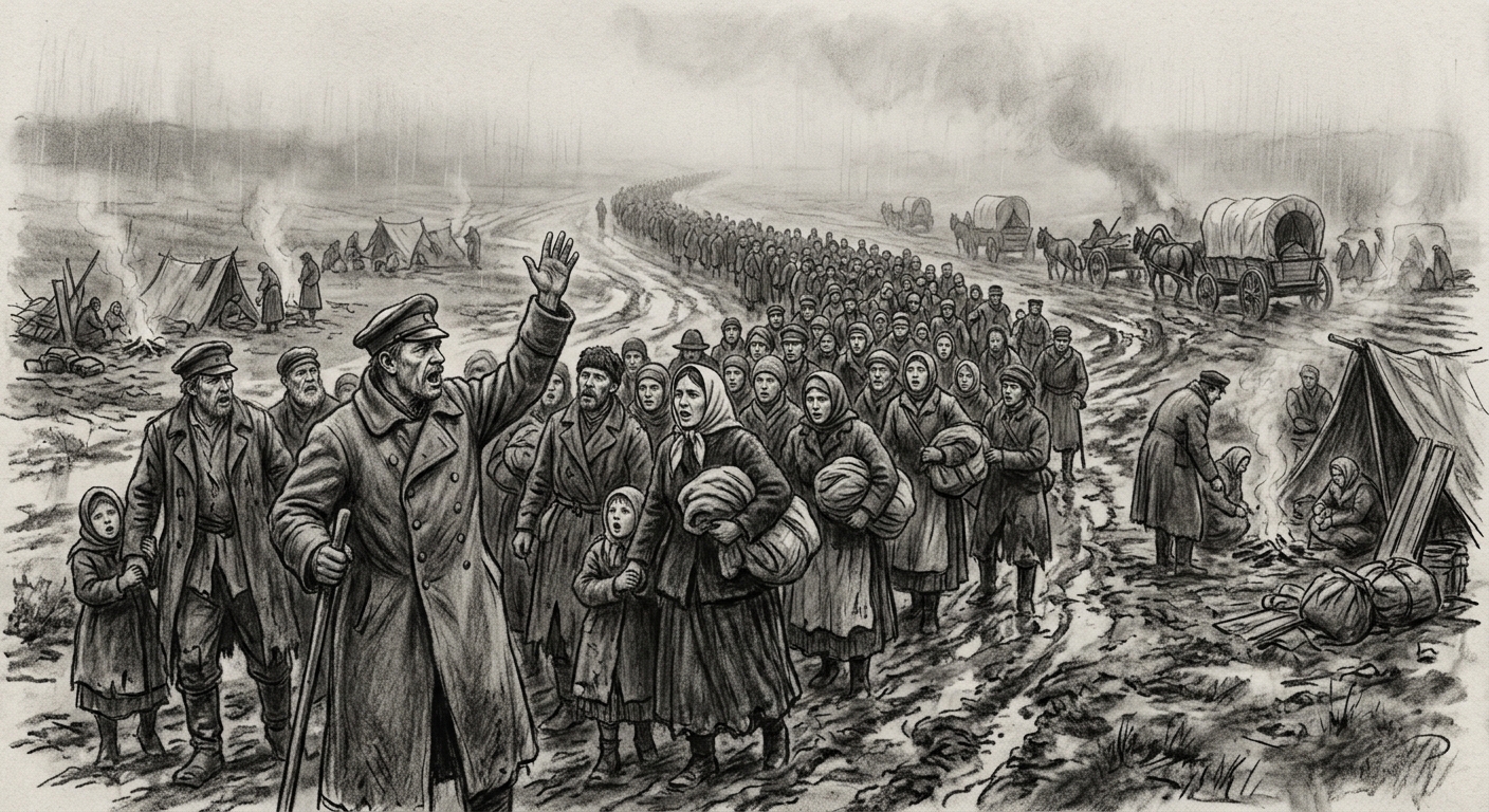 Charcoal drawing of the Long Queue at Latchford, thousands of WWI-era civilians in mud with camped families and a Queue Shepherd leading a chant