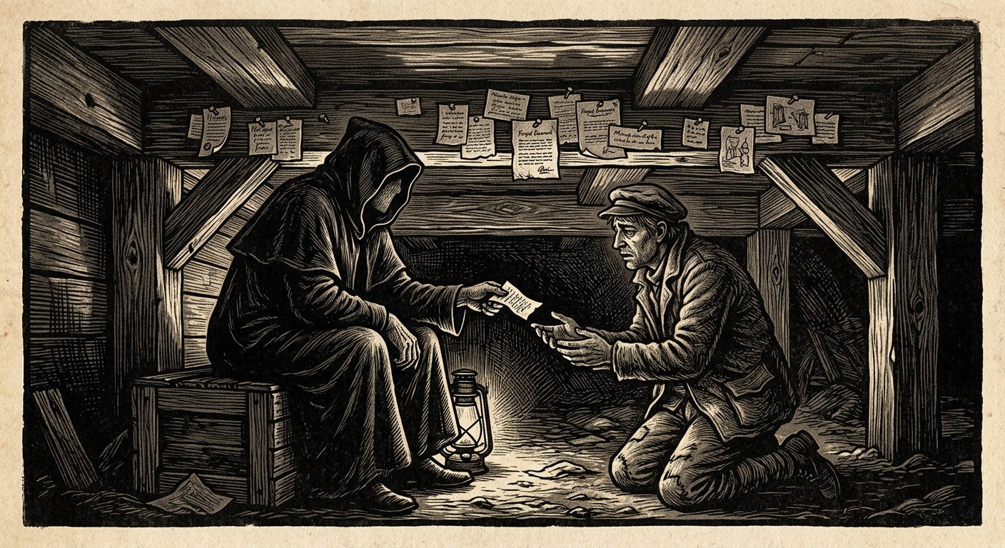Woodcut of Old Sable in the Minute Market crawlspace beneath catwalks, a cloaked figure offering a minute-slip to a kneeling supplicant by lantern light