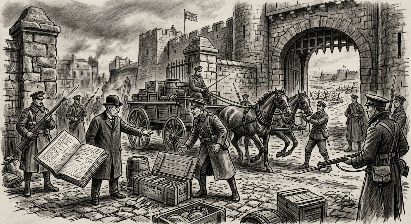 Charcoal drawing of a supply convoy inspection at the bastion gate — soldiers with bayonets surround a wagon while a Tithes auditor confronts a quartermaster over an open ledger, crates opened on the cobblestones.