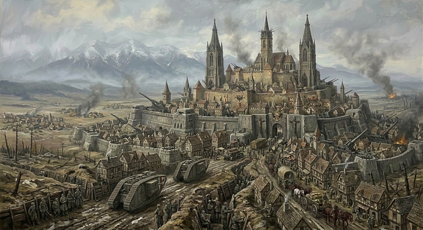 Oil painting panorama of Bastion-Sibiu on its Transylvanian plateau, concentric stone rings around a cathedral-citadel, WWI wire and earthworks on the outer ring, the Carpathian Alps in grey fog behind, a convoy winding up the road below.