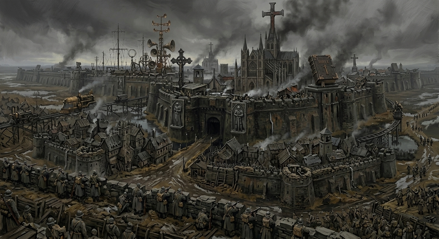 Bastion-Shipka from the ridge — low marsh fortress, reed road embankment driving east into Syrion's fog