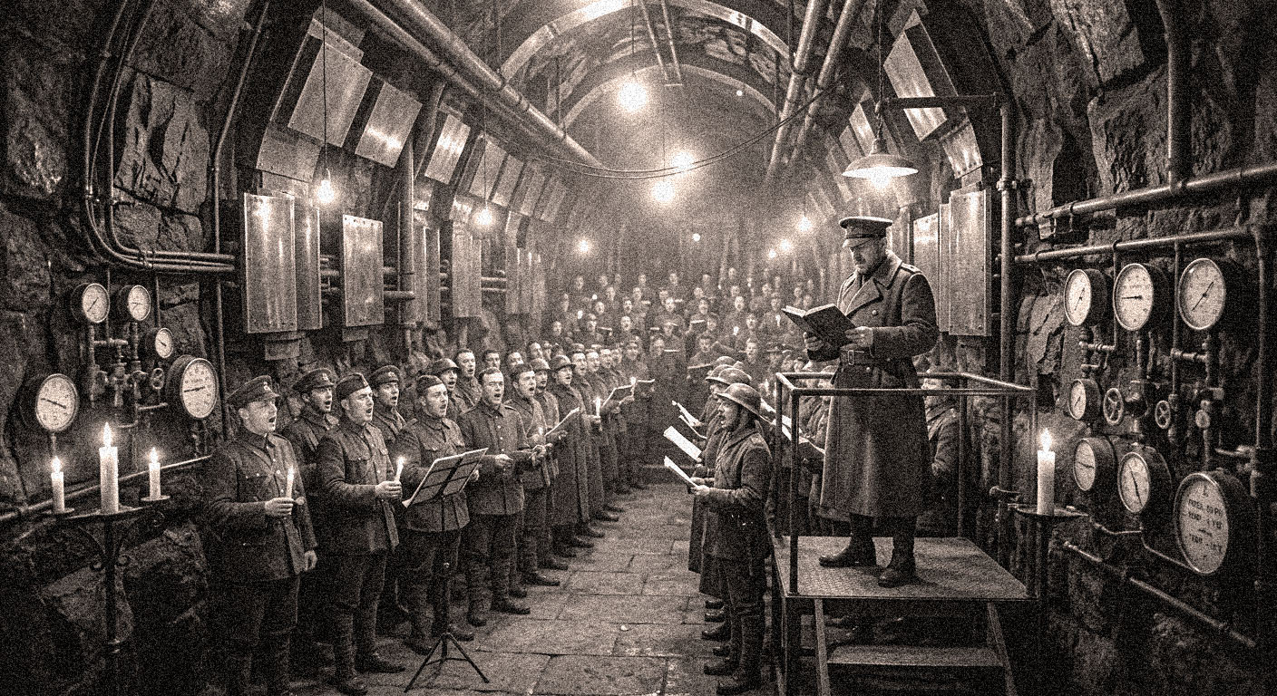 The Choir Nave — a vast chamber of black basalt with brass acoustic baffles, chant crews in military uniform singing in formation under bare electric lights