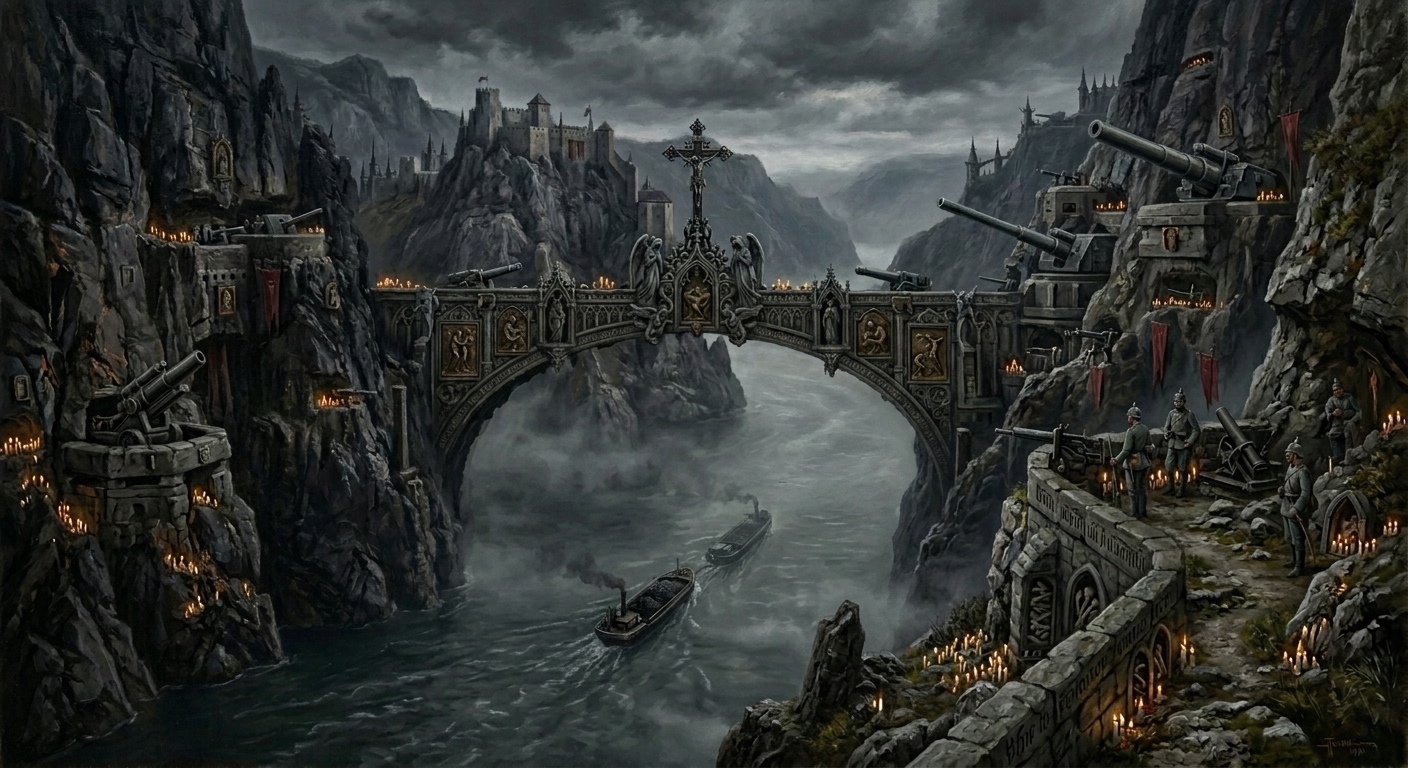 The Iron Gates gorge on the Danube — black basalt cliffs with tunnel mouths, a chain boom stretched across the river, gun emplacements carved into living rock, grey fog on the water