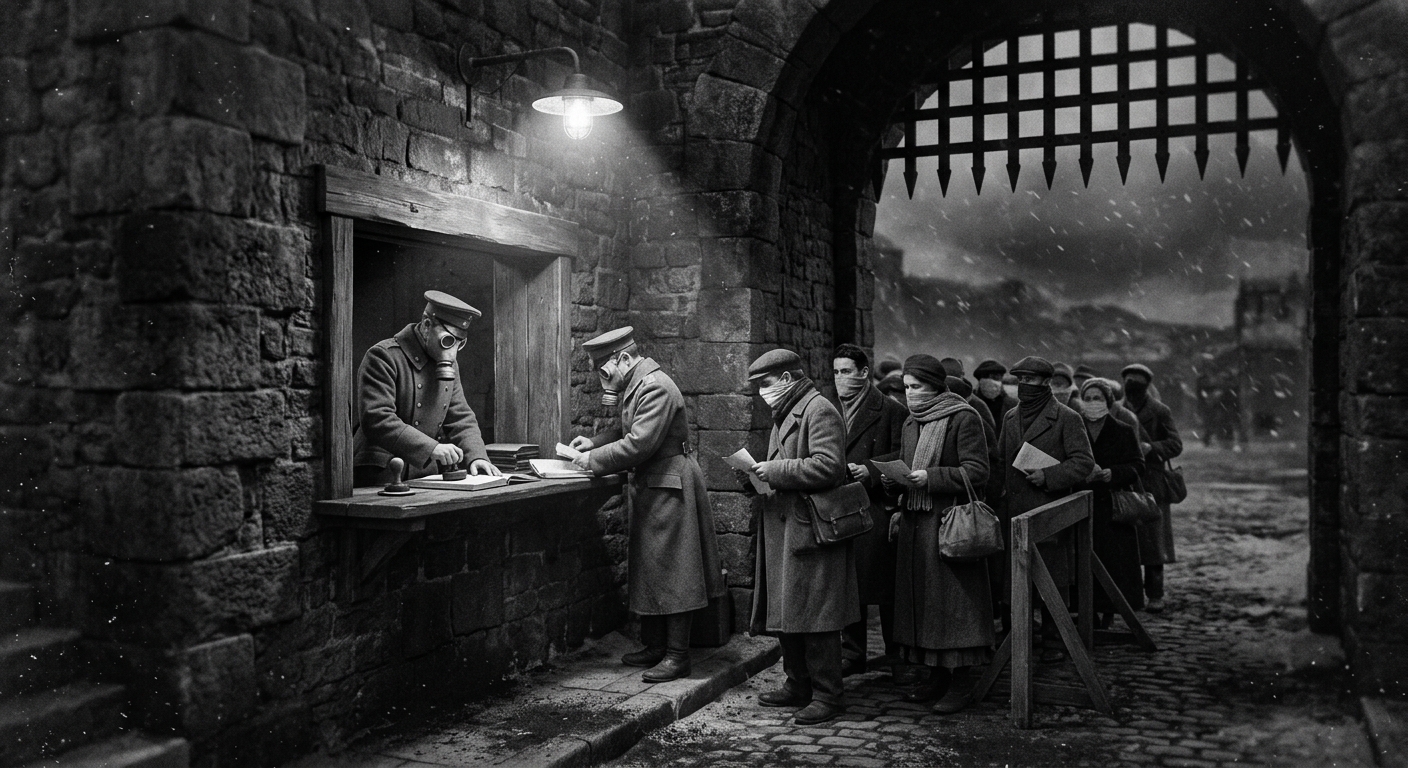 The Filter Gate of Lor — masked clerks stamping civilians at the entry checkpoint, black snow beyond