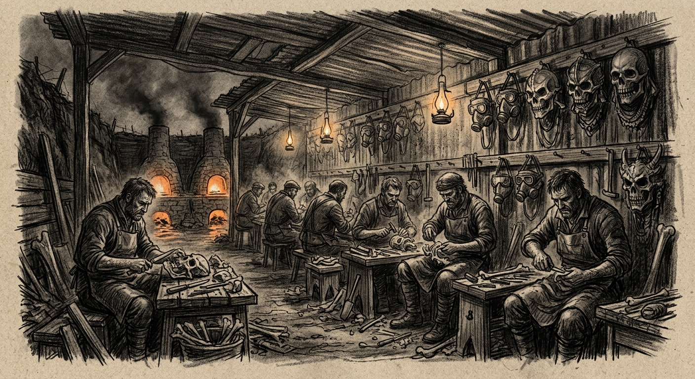 Maskers' Row — bone-mask carvers at their benches, lime kilns glowing, respirators hanging on racks
