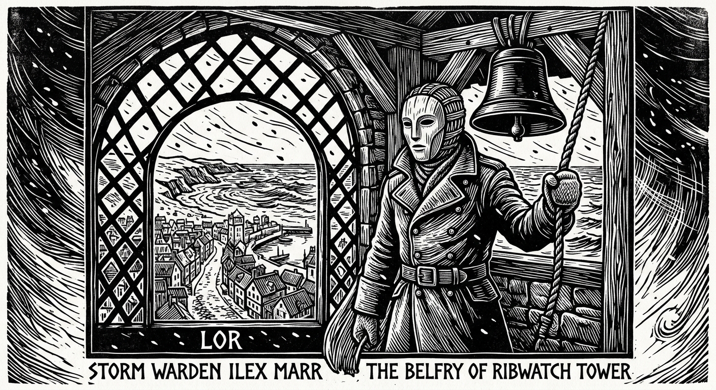 Storm Warden Ilex Marr at the Ribwatch Tower bells, wearing a full-face bone-mask, entirely expressionless