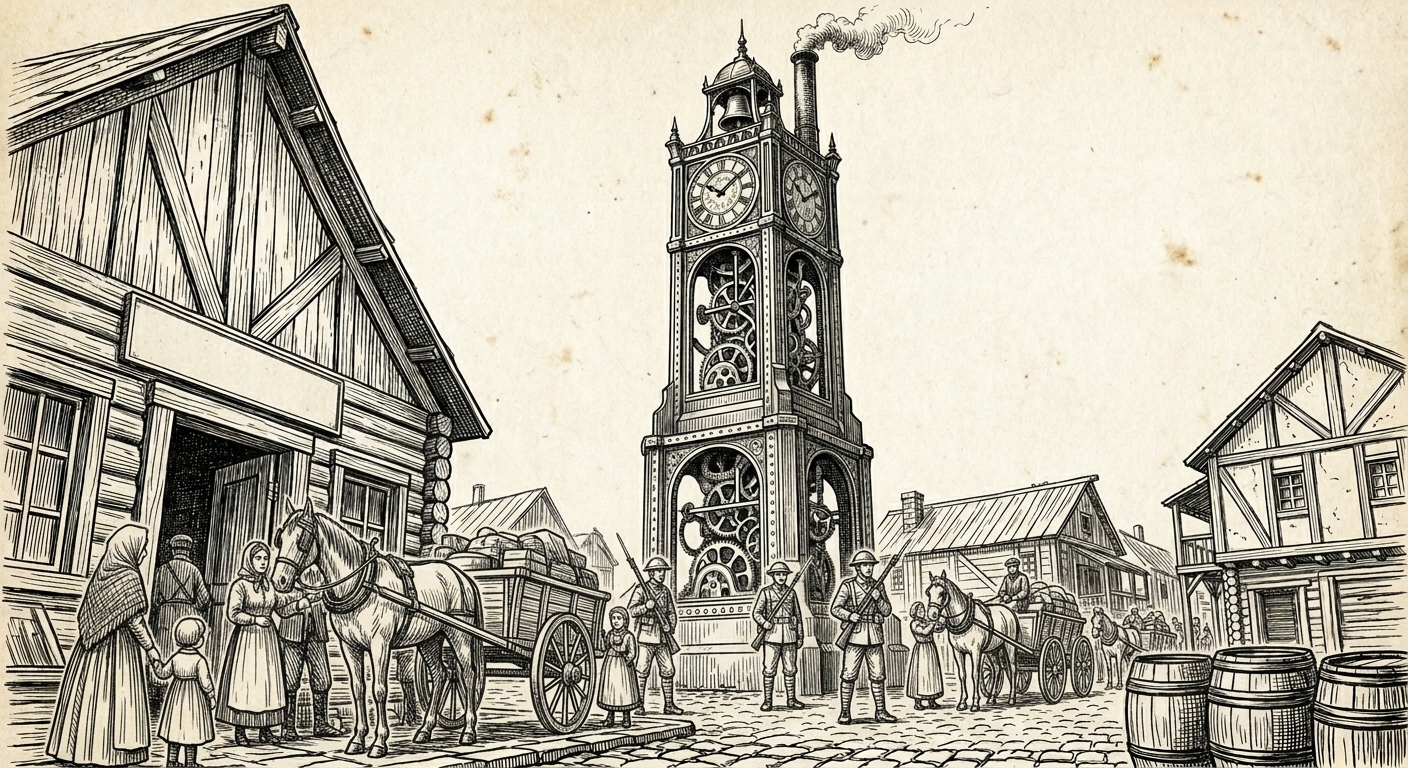 Steel engraving of the Master Gate Clock at night, a tall brass-and-iron tower mechanism in a muddy courtyard lit by cold blue-white lanterns with Warden sentries below