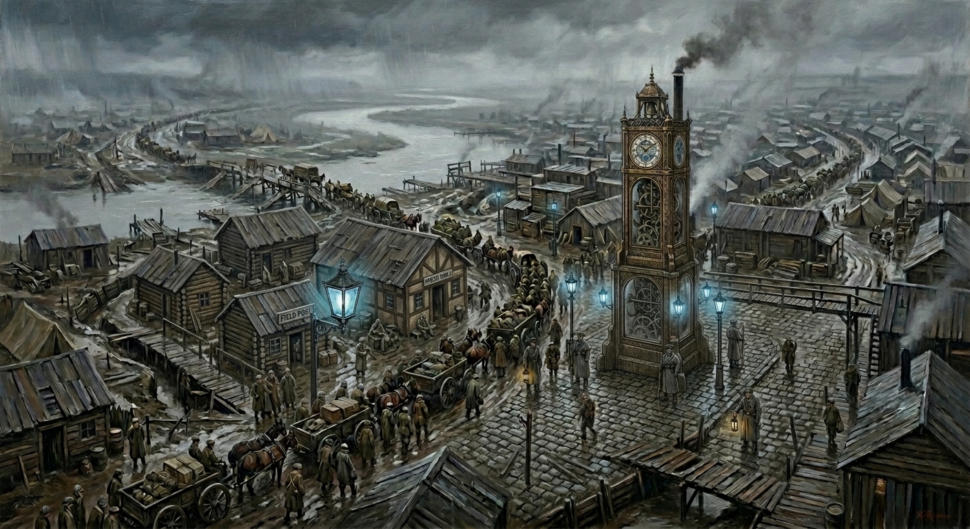 Aerial oil painting of Latchford Permit-Yards, a sprawling trench-town along a muddy ford with a three-mile wagon queue and the Master Gate Clock tower rising at center