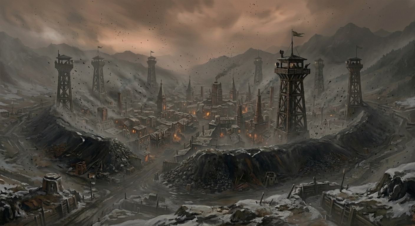 Black-Snow Lor from above — bone-lattice warrens crouching below the Carpathian ridgeline, seven Ribwatch Towers rising through black snow