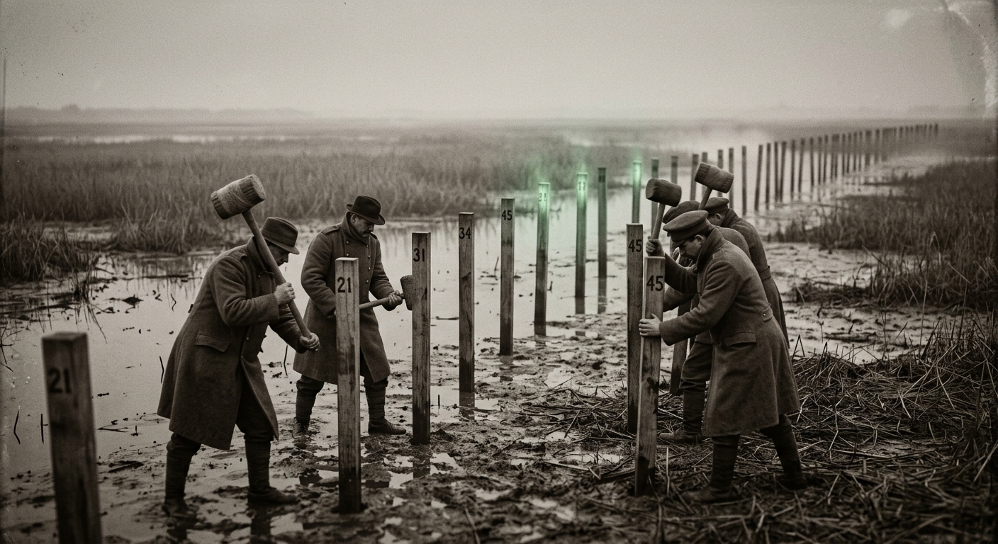 Glyphyard at dawn — glyph-stakers driving bone-lime stakes into delta mud