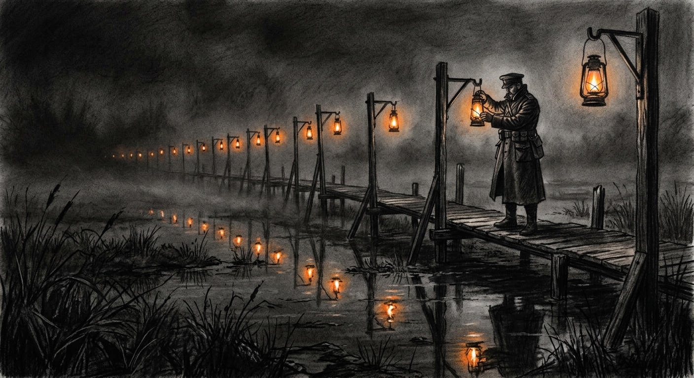 The Lantern Rackway at night — coded tallow lamps over dark marsh water