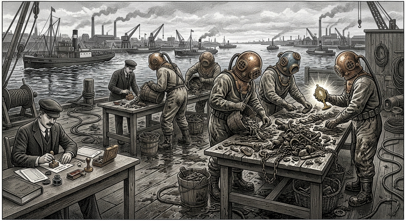 Diver's Gut sorting tables — salvage divers cataloguing relic fragments from the mud