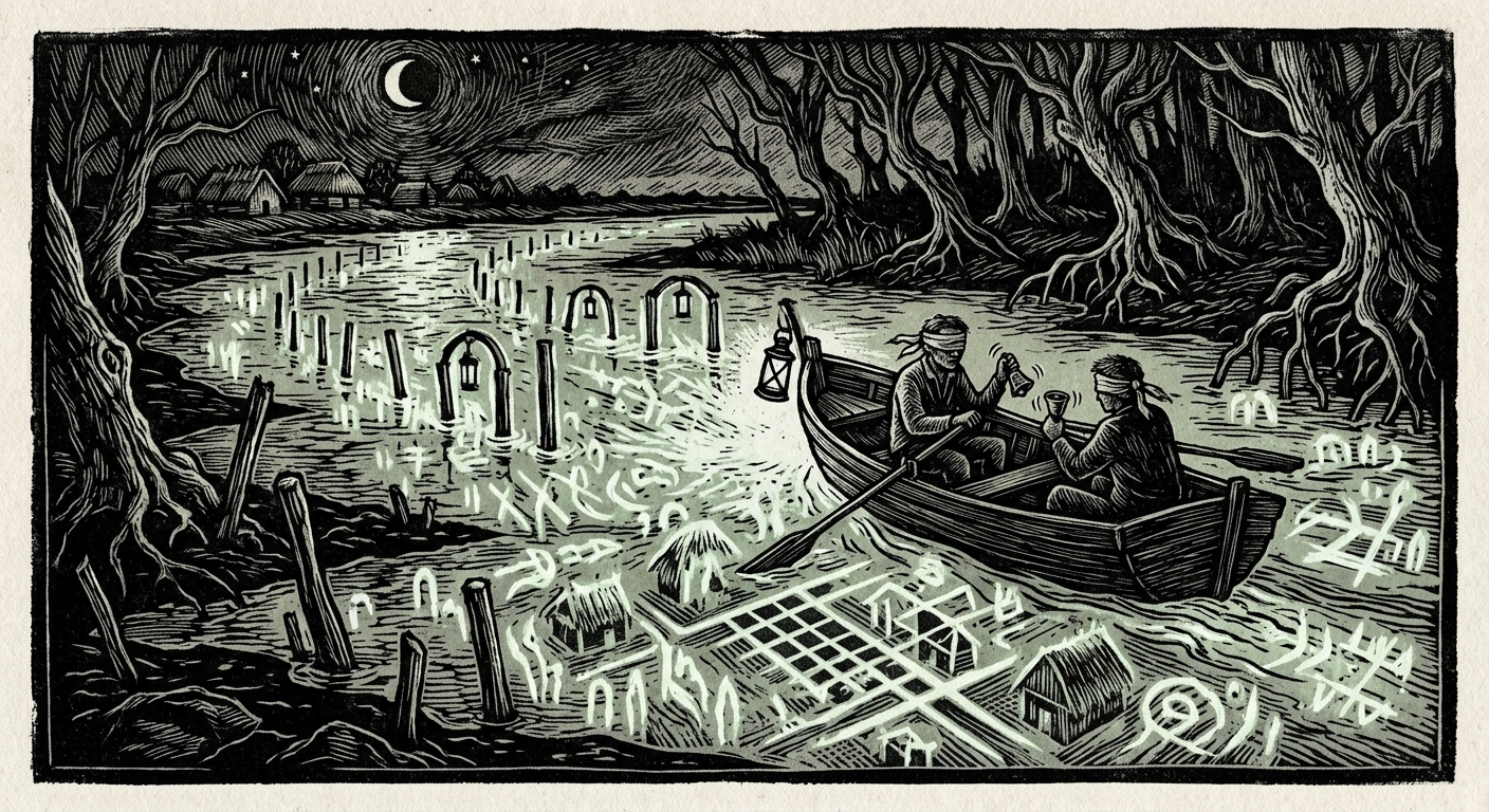 Corpse-light on the Danube delta — phosphorescent patterns mimicking lantern channels