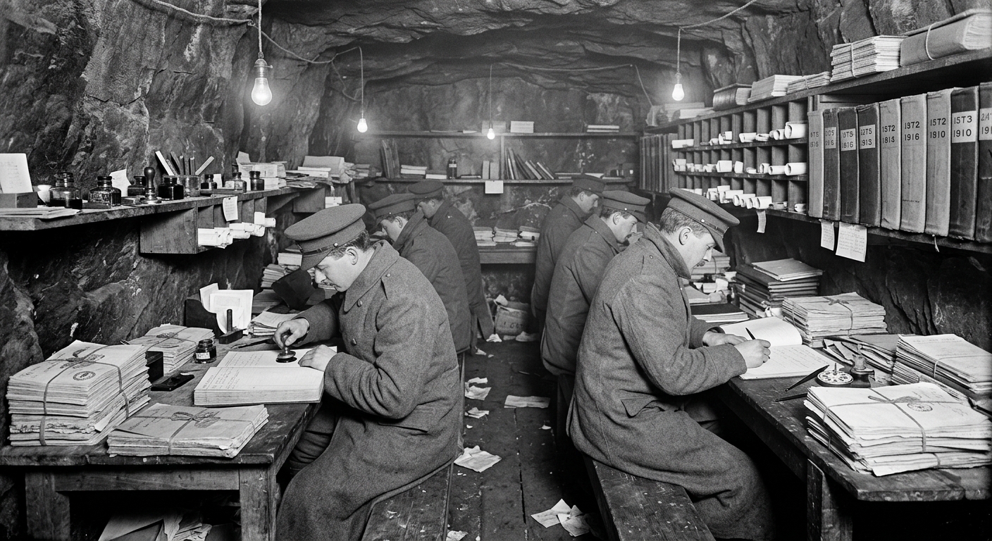 Clerks in the Loghouse of Slate Pages pressing bell-signets into wax