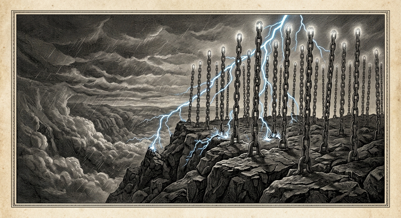 The Grounding Field — iron chain-spires in basalt discharge lightning during a storm