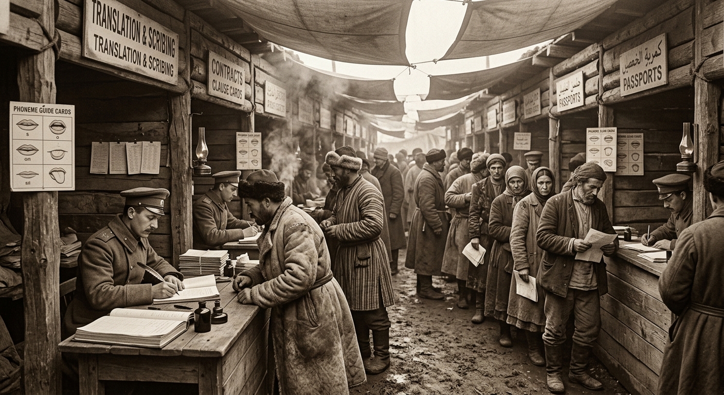 The Scribe Bazaar — hide-lashed timber stalls with translator-scribes at counters, caravan drovers crowding the lane, phoneme guide cards pinned to the stall fronts