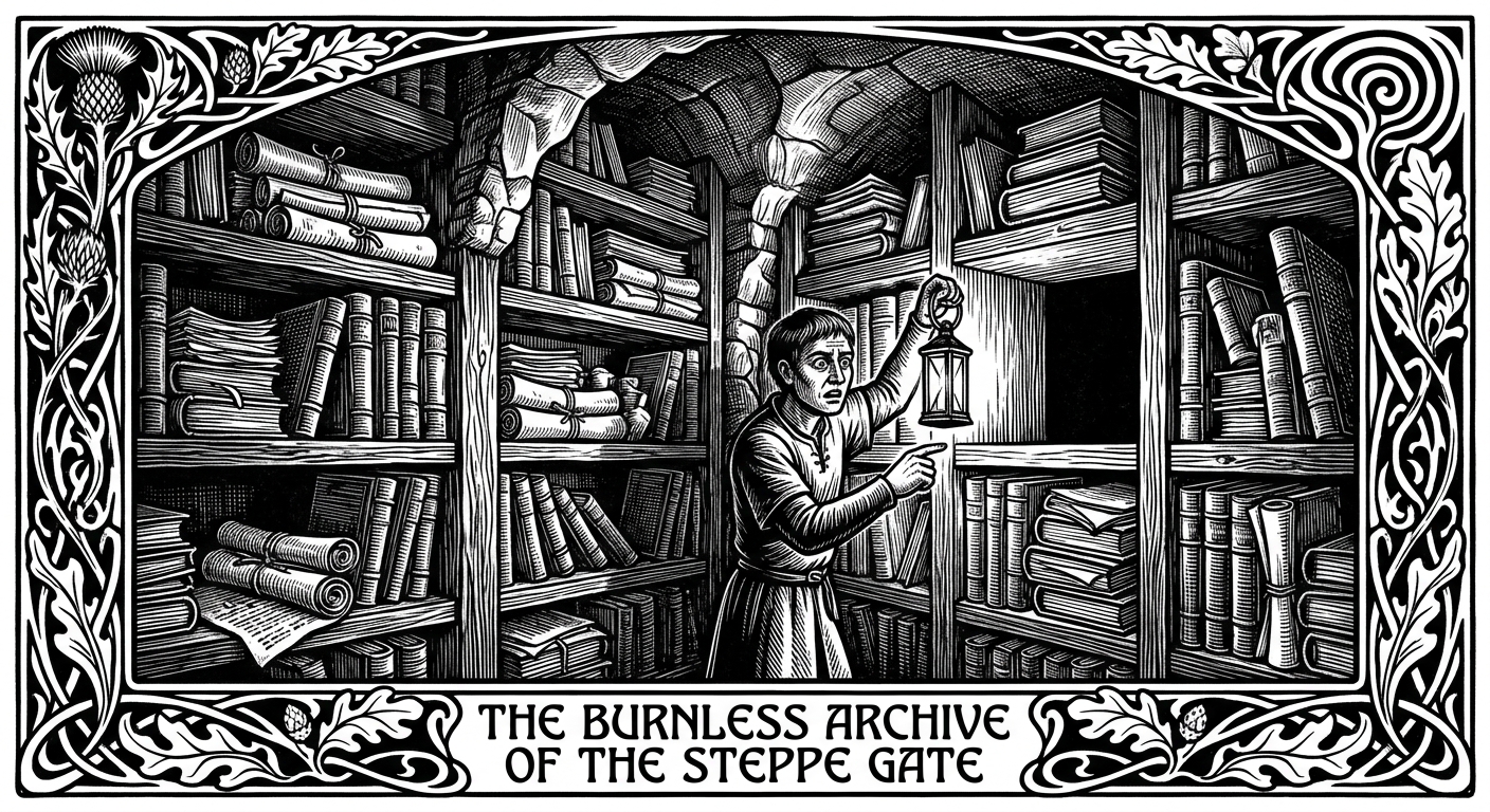 The Burnless Archive sub-vault — floor-to-ceiling stone shelves packed with perfect folios, a clerk with a lantern discovering the single empty slot where a rubbing has vanished