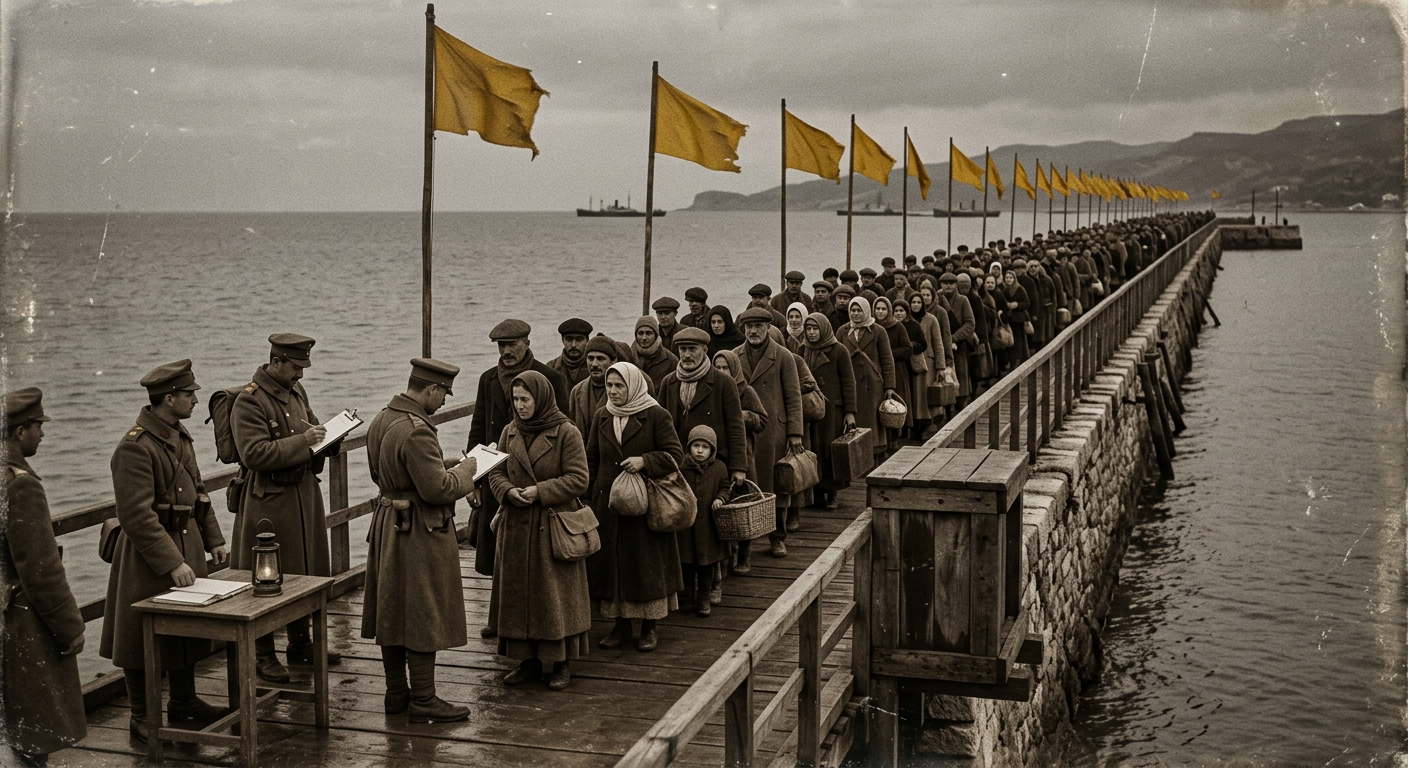 Pilgrims queuing on the Quarantine Causeway under saffron flags