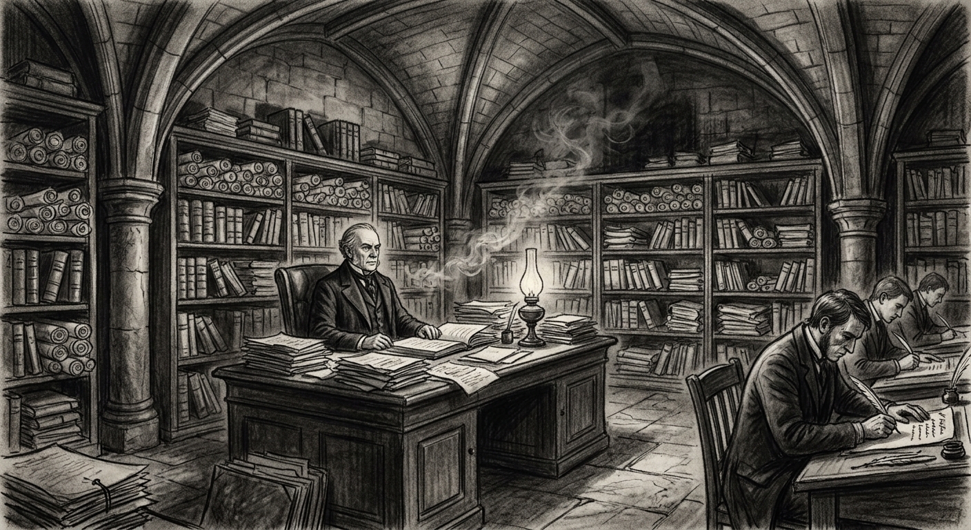 The Insurance Courts interior — Writ-Lector at desk surrounded by parchment vaults