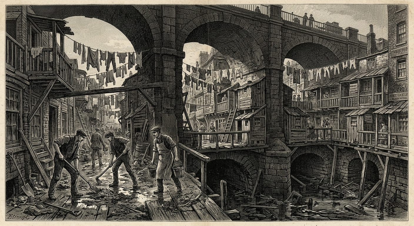 Low Nets undercity — cramped dwellings beneath stone terraces above tide culverts