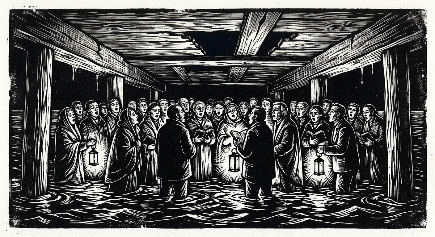 Brine Choir congregants singing beneath the piers at night