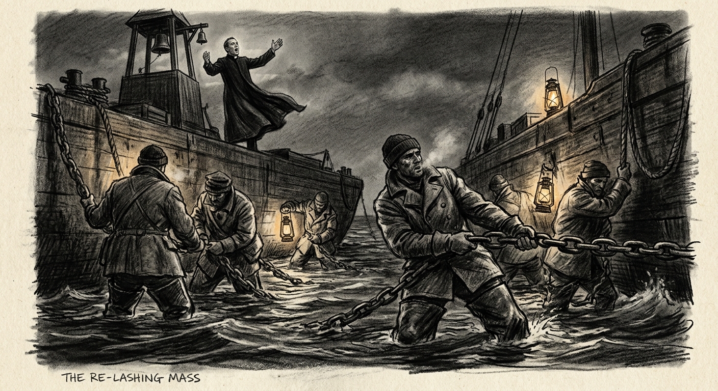 Chain crews waist-deep in black water reconnecting barges during the Re-Lashing Mass
