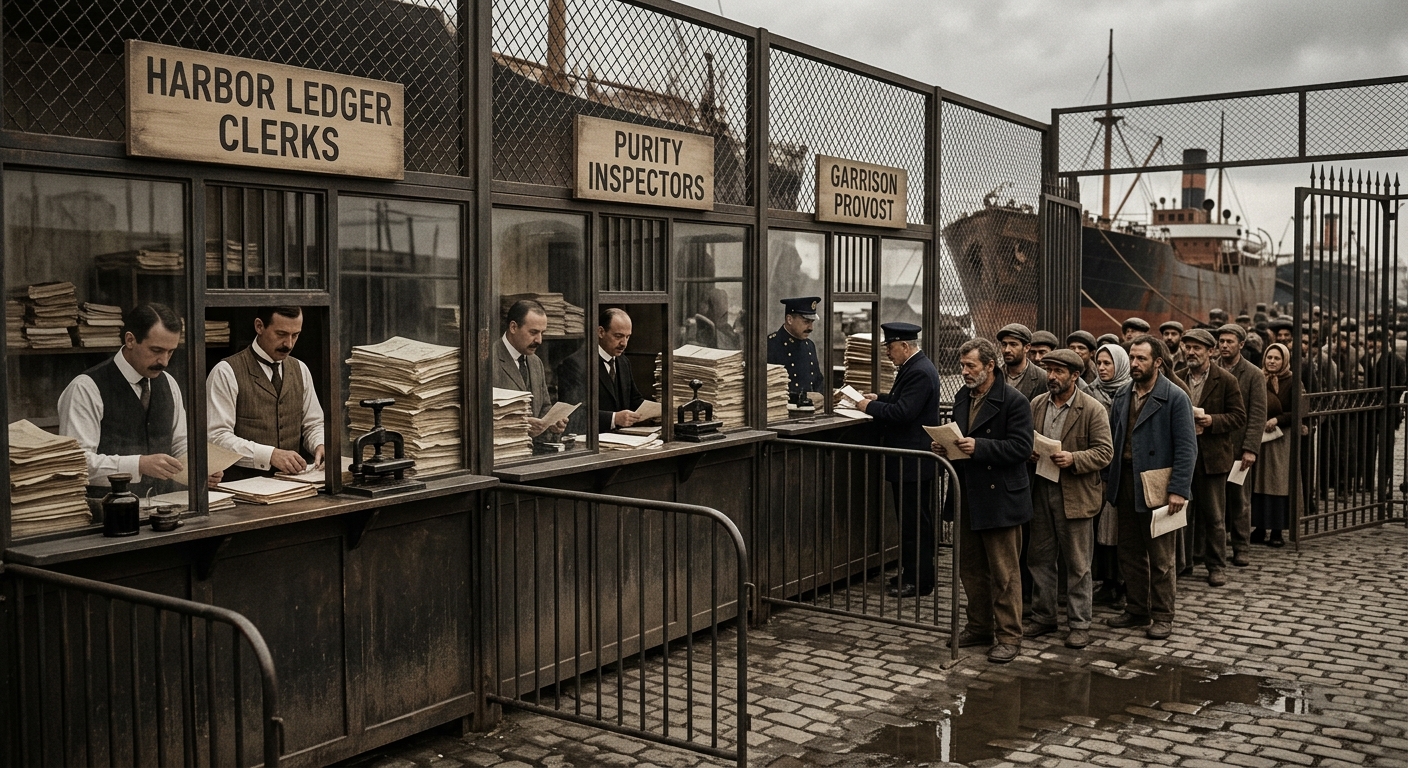 Chainward Quays inspection zone: three tiers of harbor clerks, Purity inspectors, and garrison provost at stamp windows, civilians queuing with documents