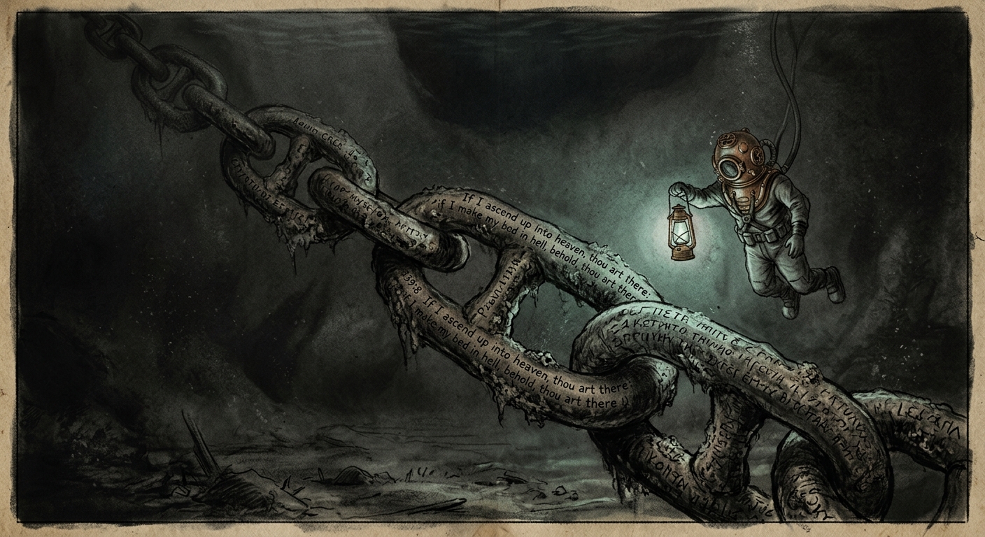 Underwater view of submerged harbor-chain links, psalm-text corroded into shapes resembling handwriting, a diver with a brass lantern examining them in cold Aegean brine