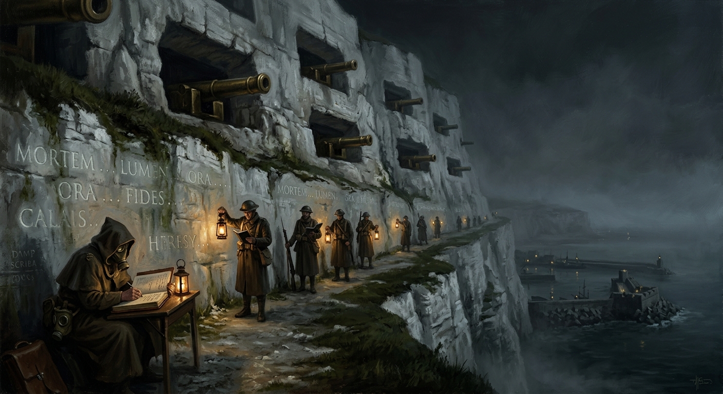 The Chalk Redoubt of Calais at night — gun galleries carved into white cliff, lantern-bearers reading names from the Script Wall in the fog
