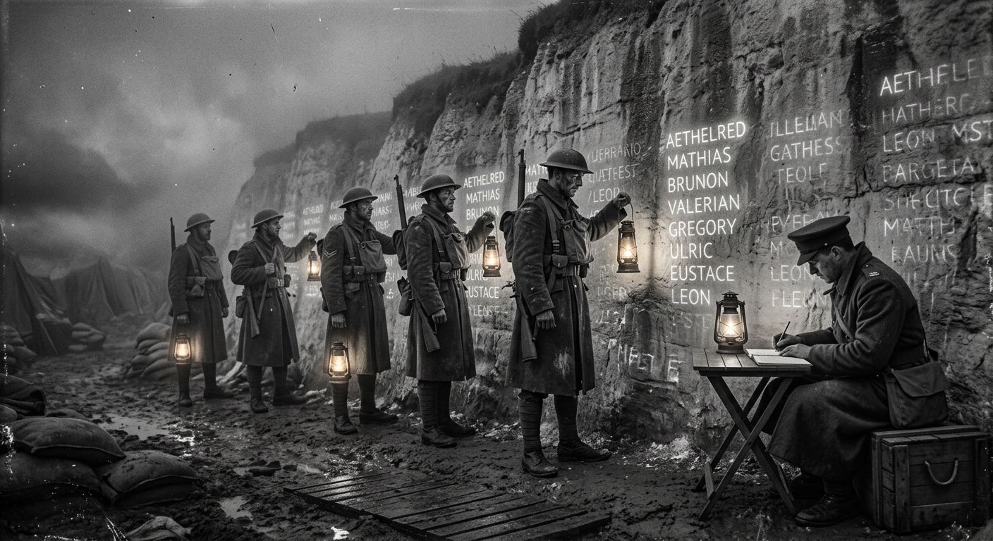 Night reading at the Script Wall — garrison soldiers with lanterns, names forming in chalk condensation, a scribe copying the ledger