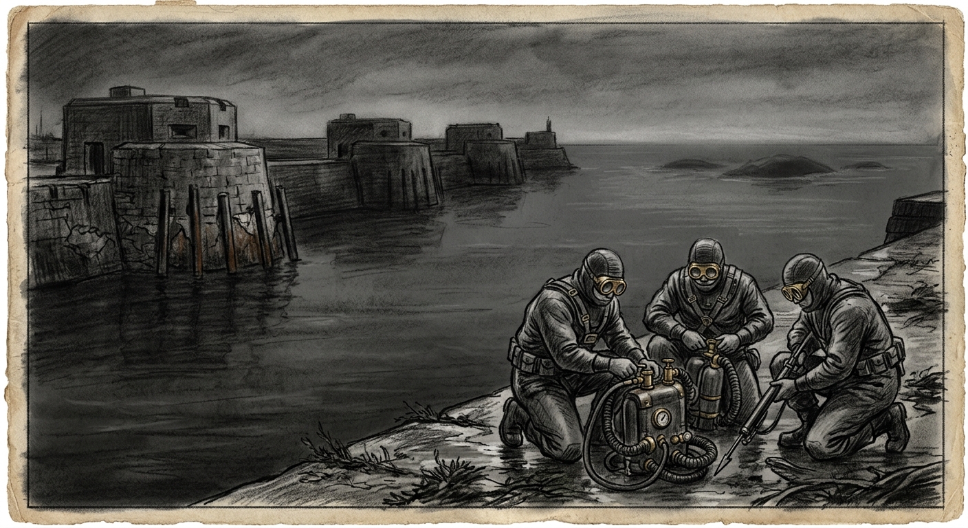 The Teeth breakwaters at dawn — four fortlets on the harbour arms, Undertide Divers preparing, dark shapes in the still water beyond