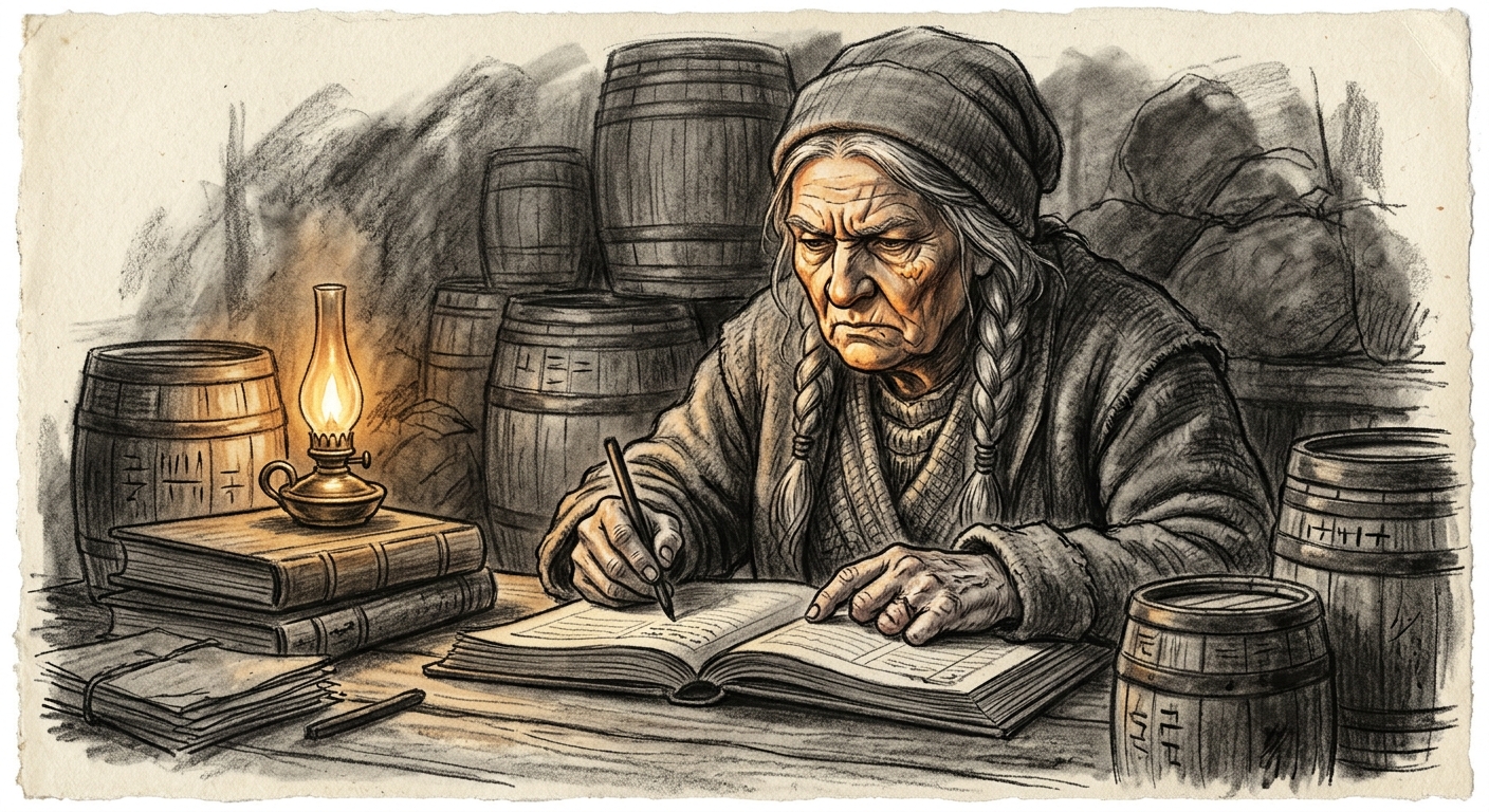 Elder Sigrun Half-Wick at her barrel ledger, two fingers missing from frostbite, seal-oil lamp casting her weathered face in amber half-shadow