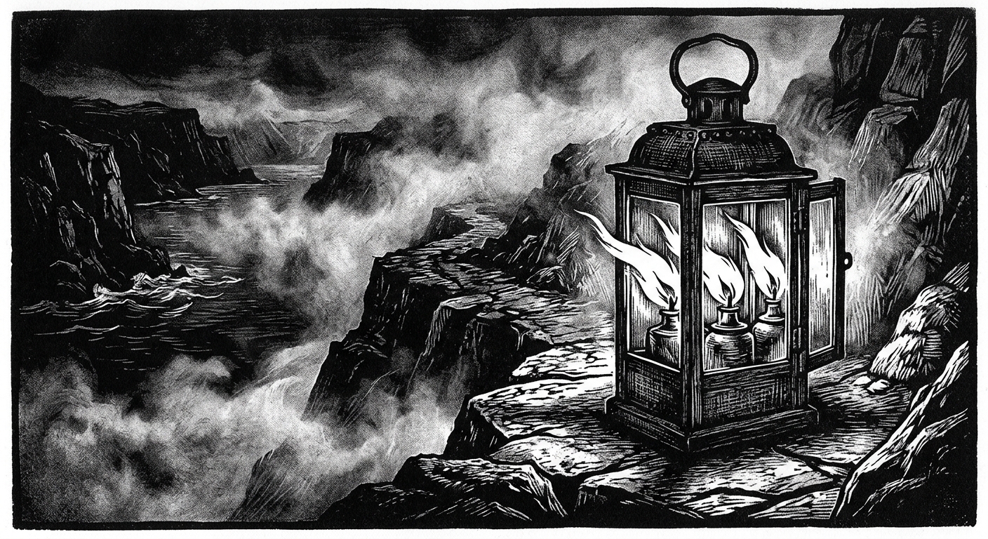 A triple-wick lantern on a cliff path at night, fog swirling around it, all three flames leaning unmistakably seaward