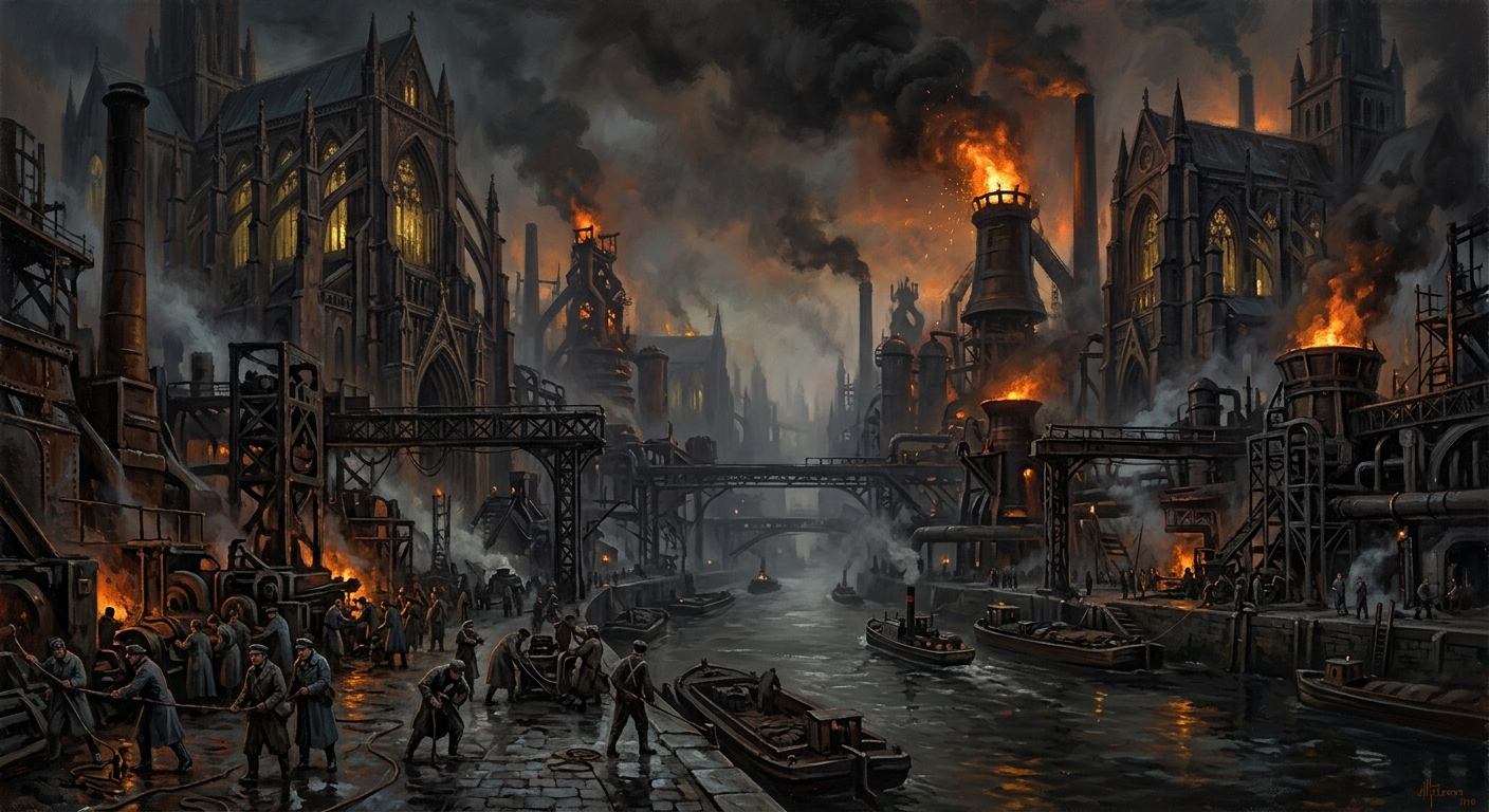 Essen-of-Hymnsteel forge-city viewed from the river bank, hymn-halls and blast furnaces lining the canalized fork