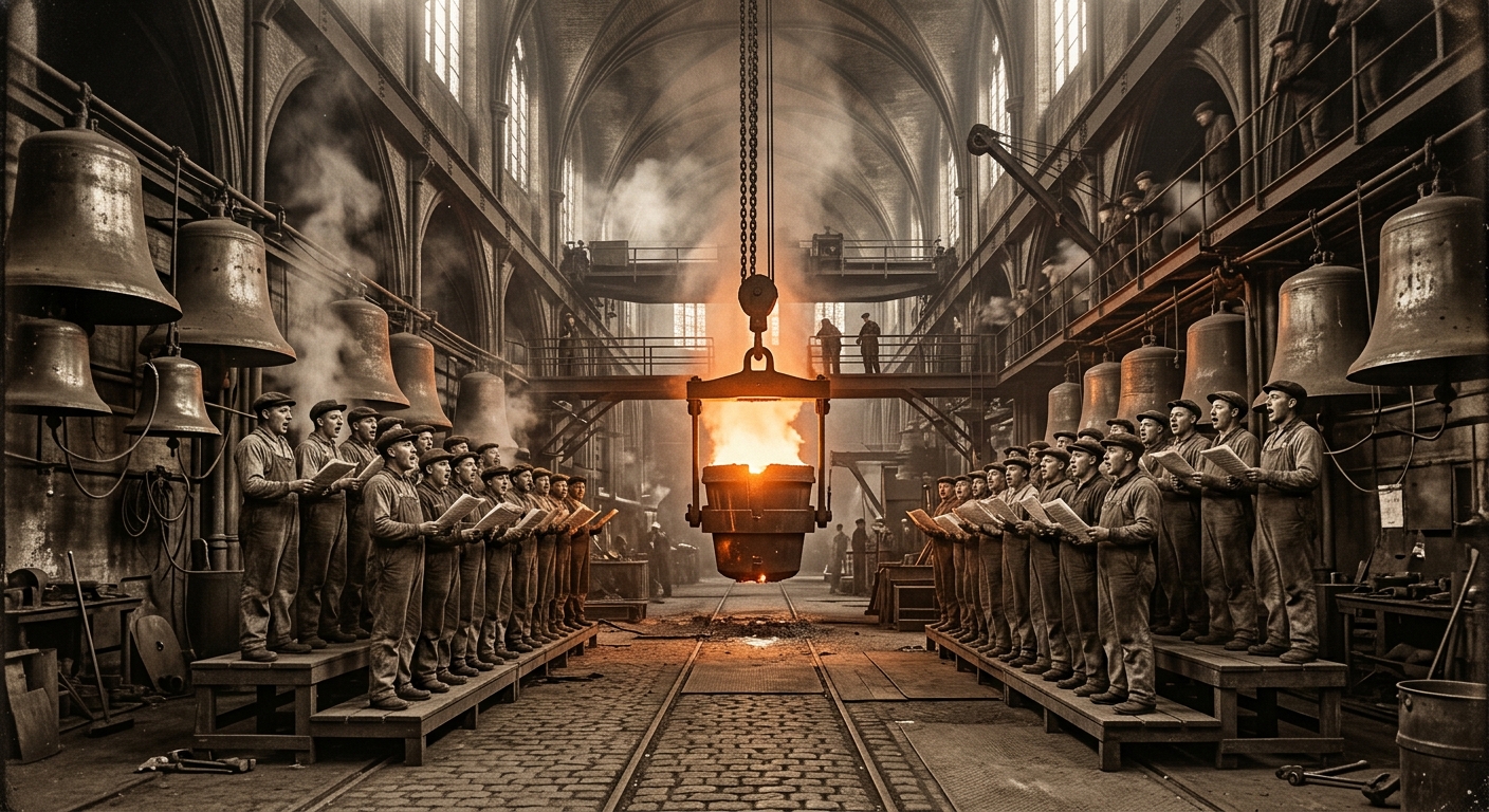 Two calibration choirs face each other across a glowing crucible in the Hall of Measures