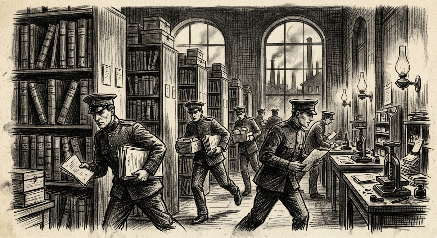 Ink-stained clerks rushing between towering ledger shelves in Ledger Row